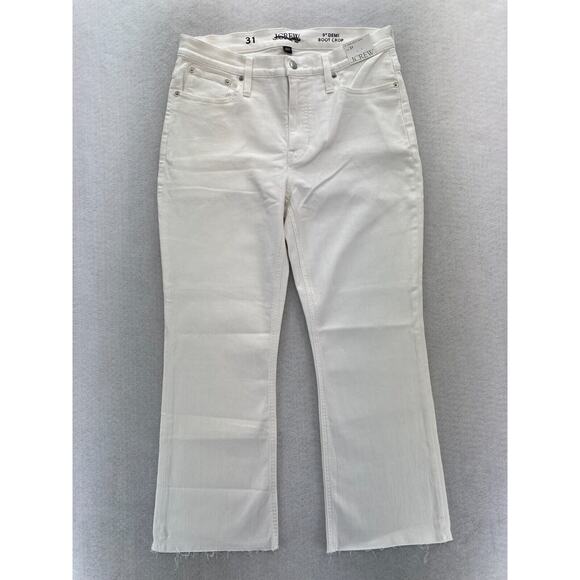 J.Crew Jeans Women's 31 9" Demi Boot Crop White Stretch Denim‎ Boho Raw Hem NWT - Picture 1 of 16
